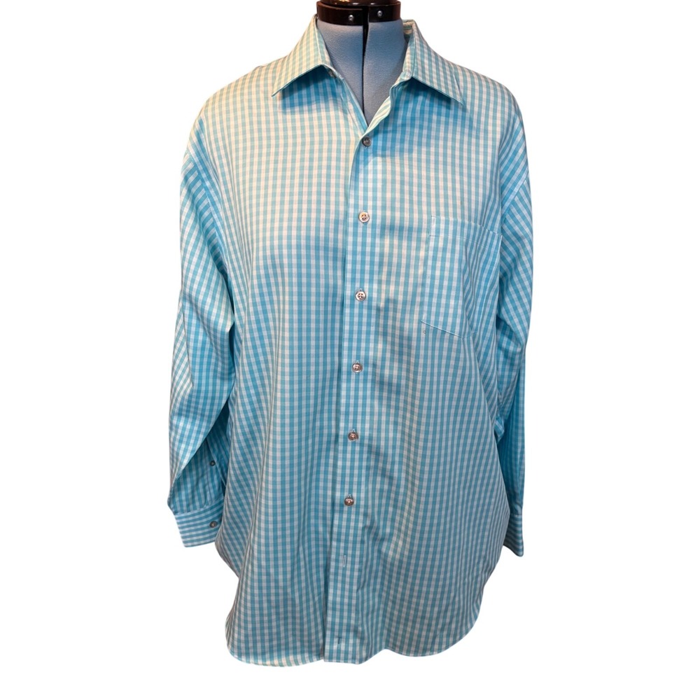 Kenneth Cole Reaction Mens XL Regular Fit Non-Iron Gingham Dress Shirt Turquoise